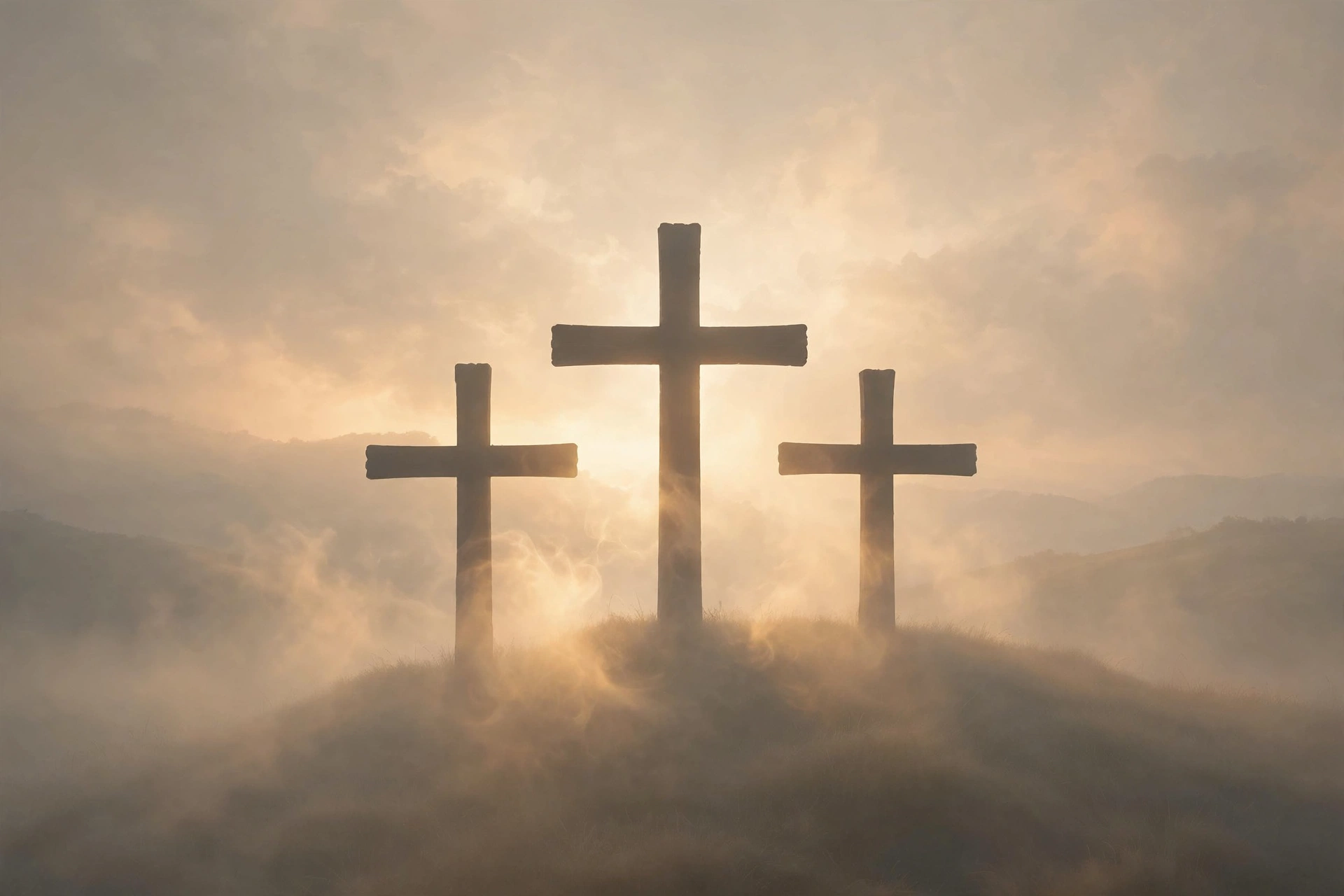 Three wooden crosses on a hill, softly lit